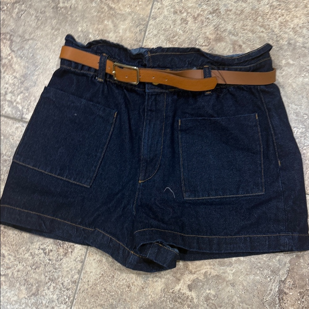 Zara Dark Blue Jean Shorts with Tan Belt